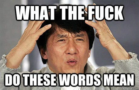 Confused person holding their head, overlaid with the text 'What do these words mean'.