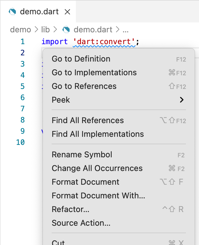 The right-click context menu in Visual Studio Code with 'Source Action...' highlighted.