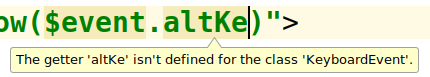 KeyboardEvent diagnostic for a misspelled event property in an IDE.