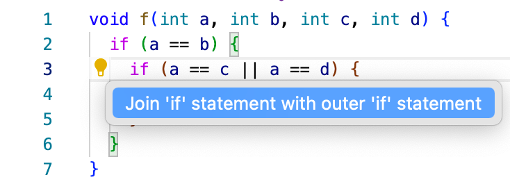 Visual Studio Code showing the quick assist to join an if statement with an outer if statement.