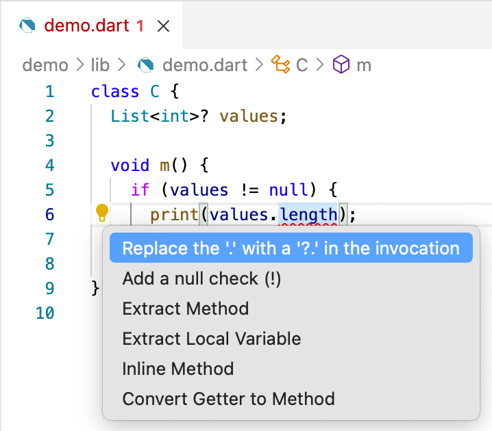 Visual Studio Code actions menu offering to replace '.' with '?.' or add a null check for values.length.