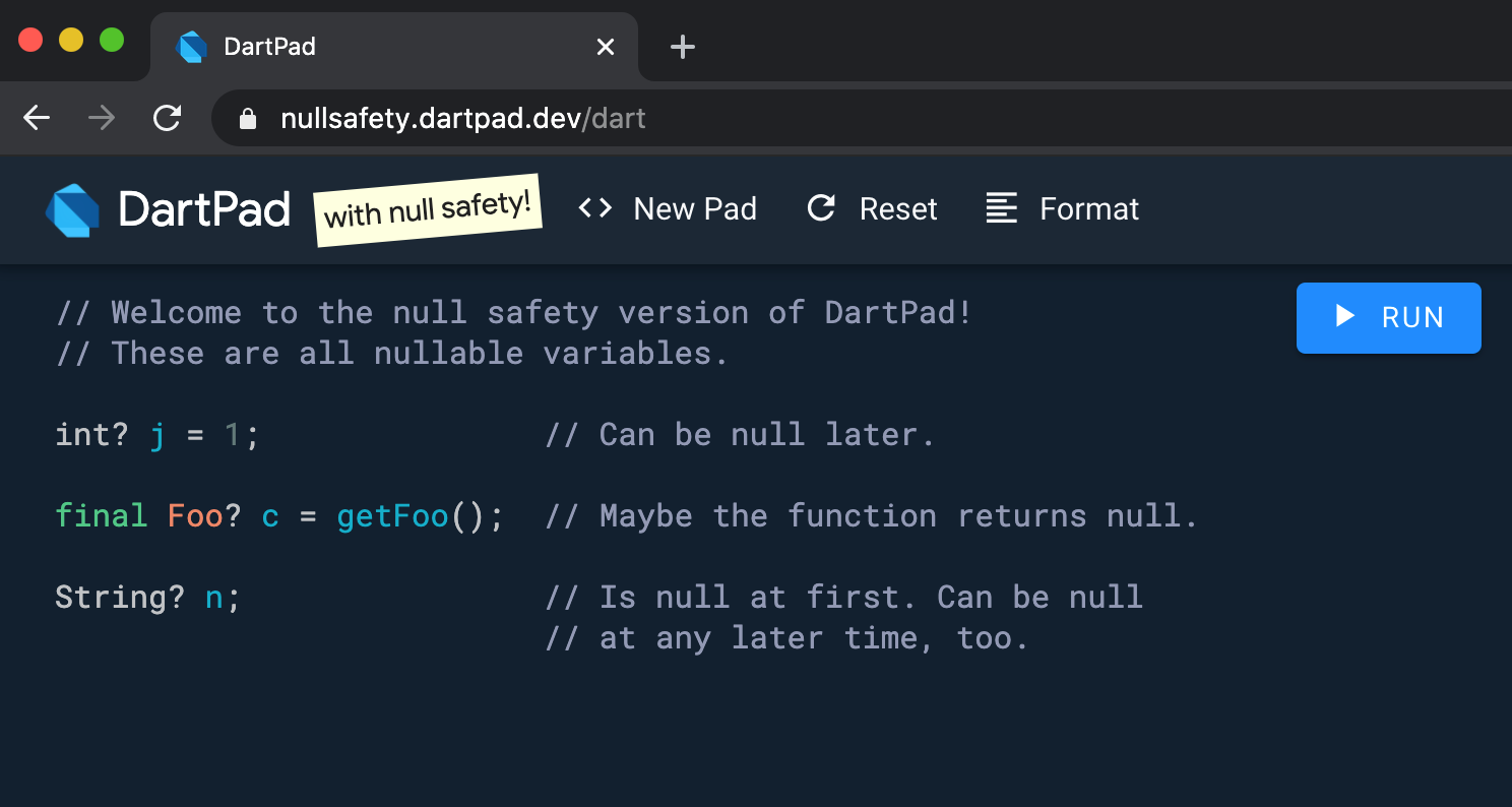 DartPad with the null safety experiment enabled and interactive code snippets.