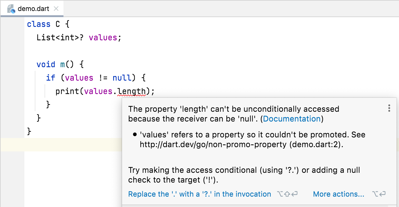 IntelliJ IDEA hover text explaining that values.length can't be unconditionally accessed and offering the ?. quick fix.