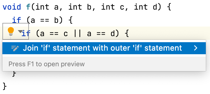 IntelliJ IDEA showing the quick assist to join an if statement with an outer if statement.