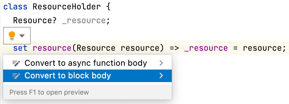 IntelliJ IDEA showing the quick assist to convert an expression body to a block body.
