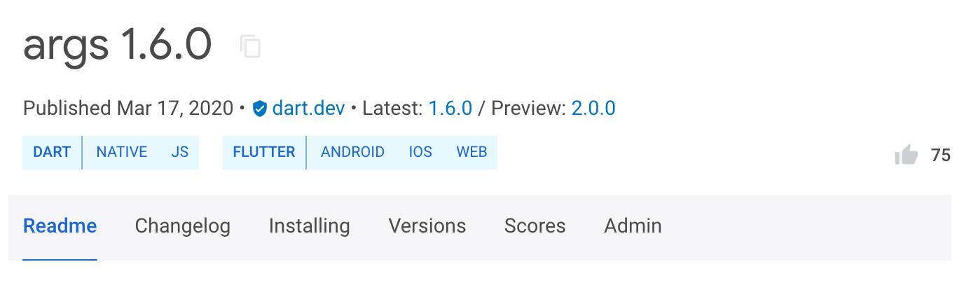 Pub.dev args package page with a 1.6.0 stable version and a 2.0.0 preview version.