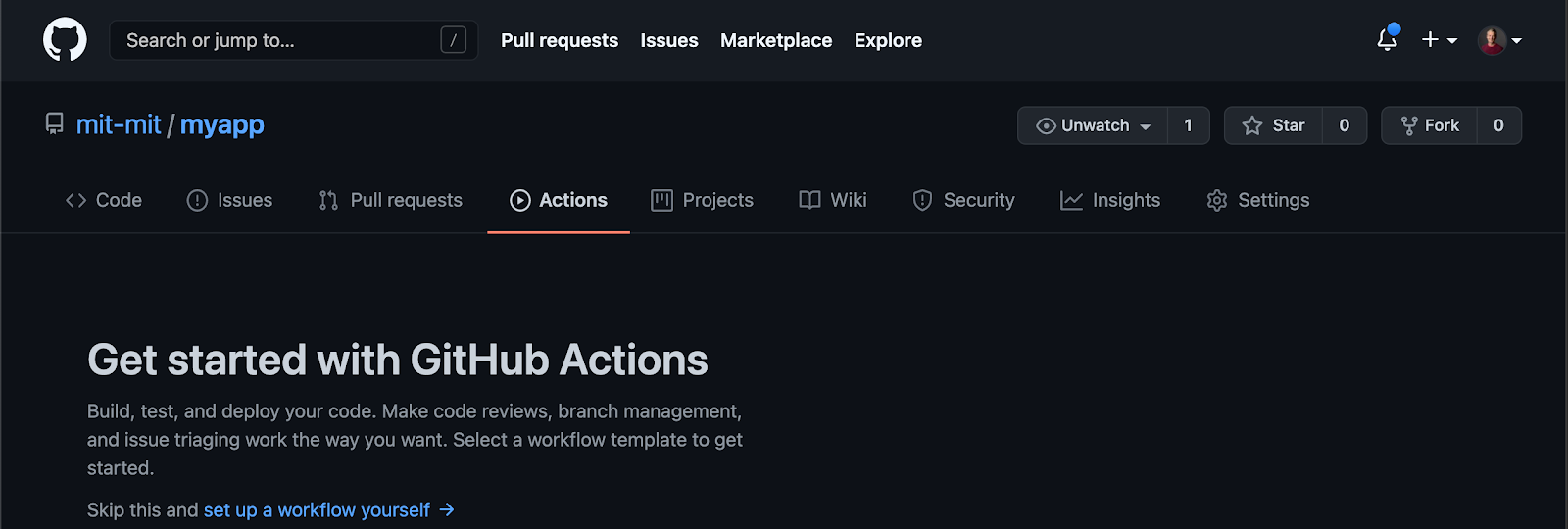 The Actions tab in the GitHub web UI.