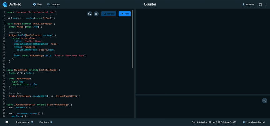 Animation showing Dart stateful hot reload enabled for a web app in DartPad.