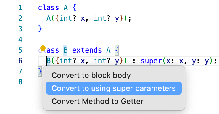 Visual Studio Code showing the quick assist to convert to using super parameters.