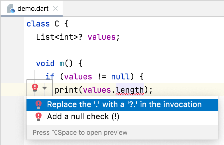 IntelliJ IDEA context actions menu offering to replace '.' with '?.' or add a null check for values.length.