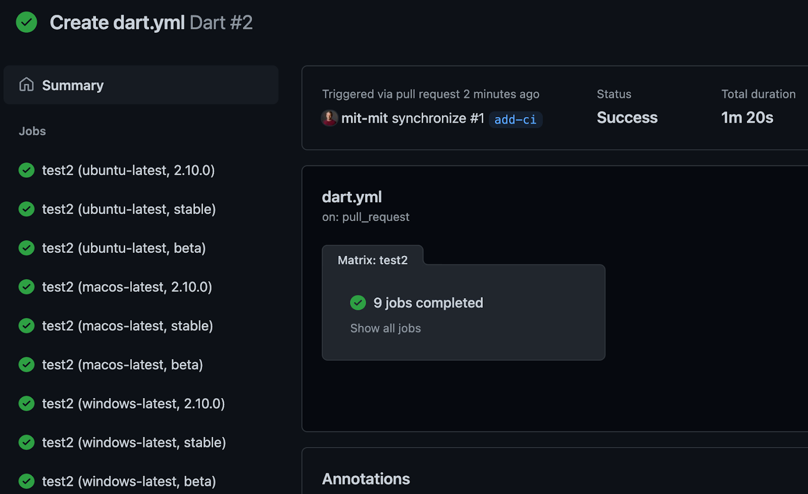 Nine separately run test jobs resulting from the GitHub Actions matrix.