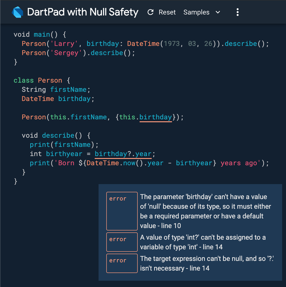 DartPad with null safety showing three diagnostics related to null.