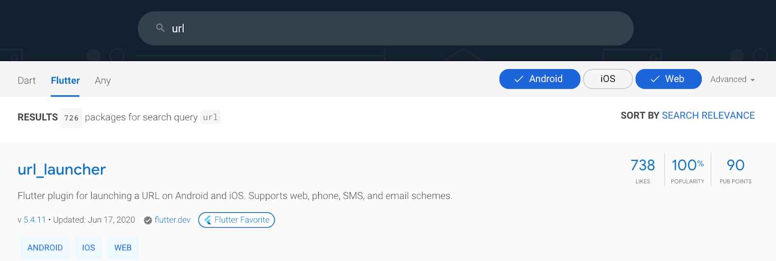 Screenshot showing platform filters like Android, iOS, and web available in pub.dev search.