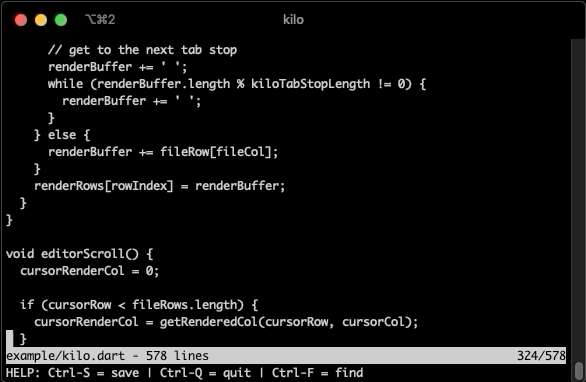 The kilo editor written in Dart and compiled to an executable with dart2native editing its own source code.