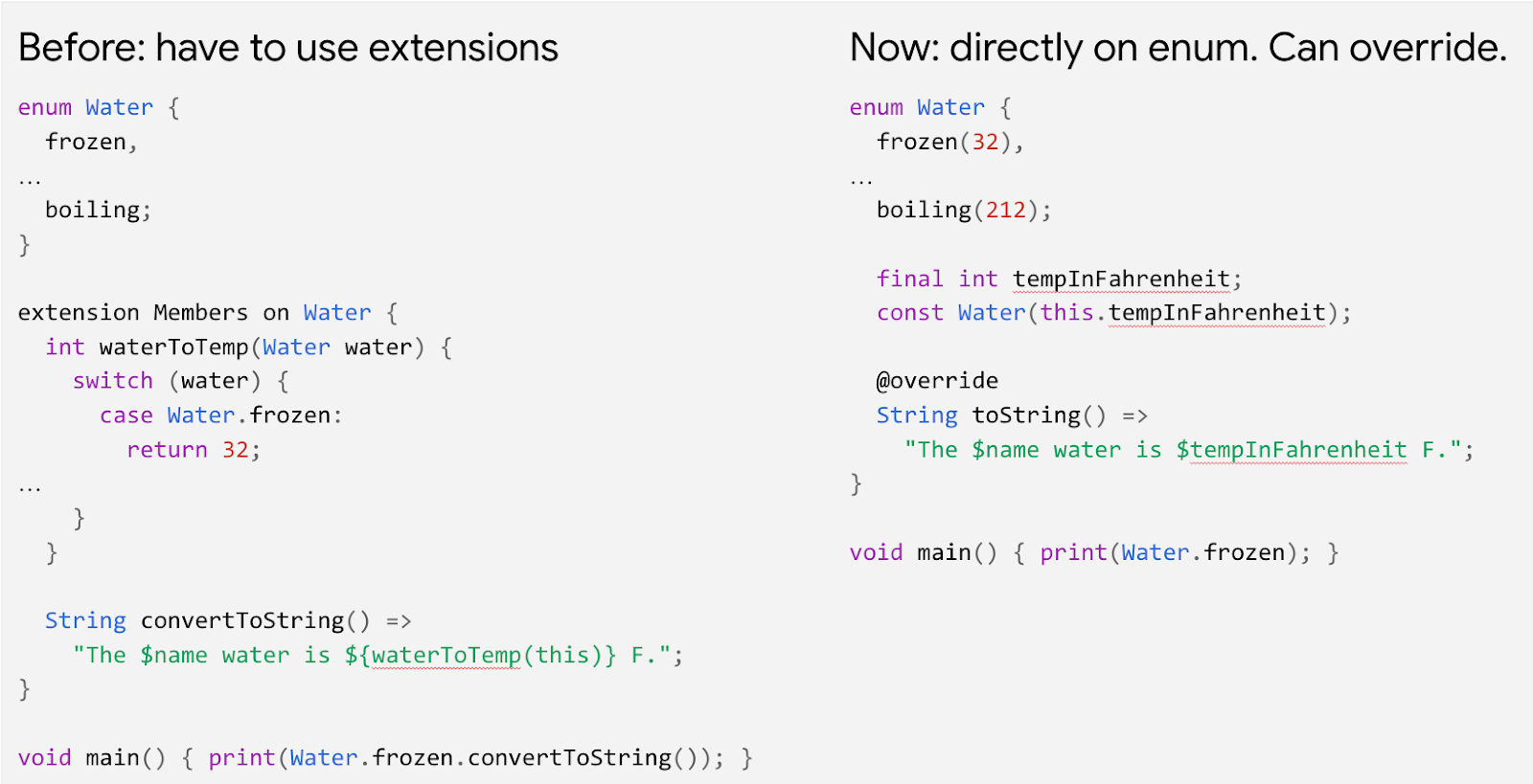 Code snippets comparing enums before and after Dart 2.17, showing improved readability.