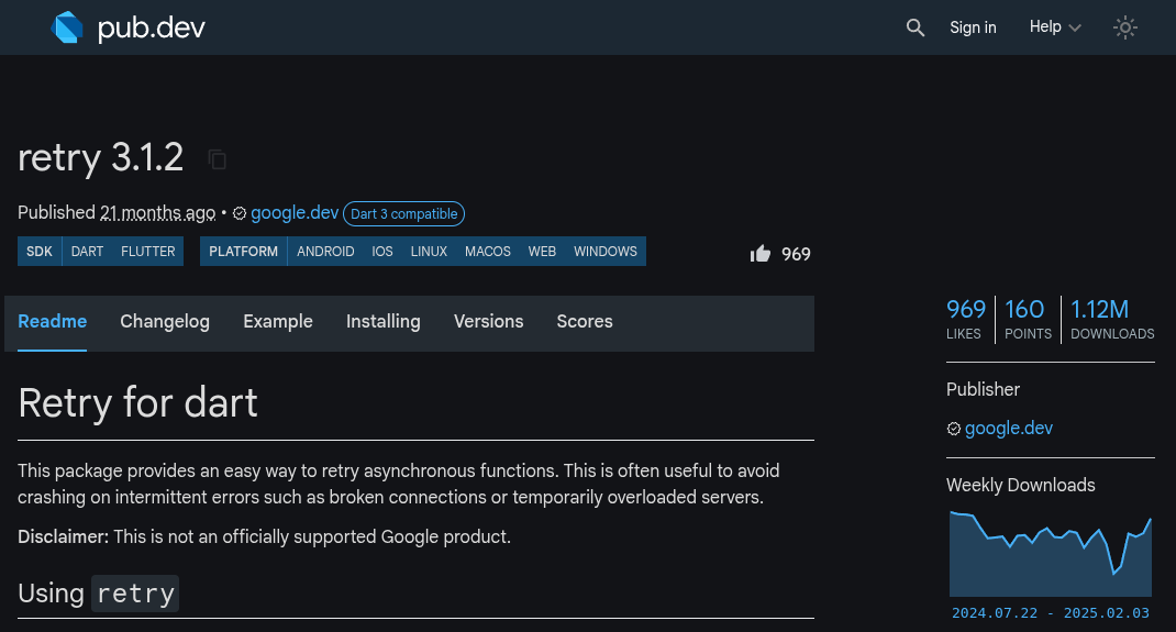 Screenshot showing the dark mode toggle and UI on pub.dev.