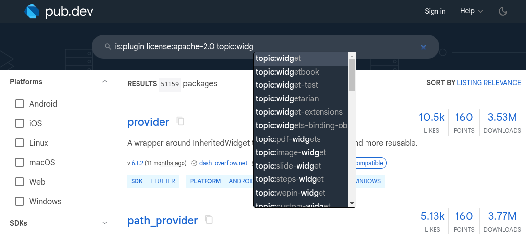 Screenshot showing the IDE-like auto-completer for search keywords on pub.dev.