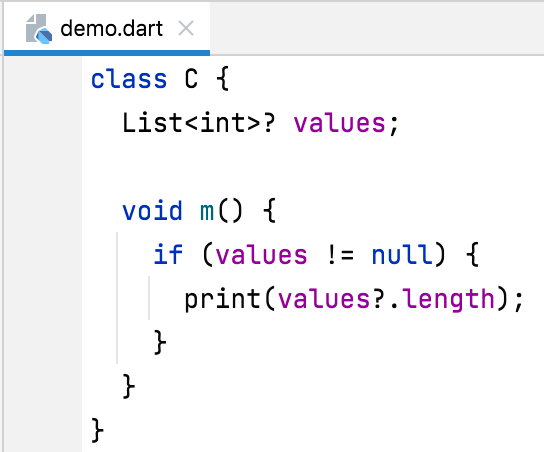 Dart code after applying a quick fix, replacing values.length with values?.length inside a null check.