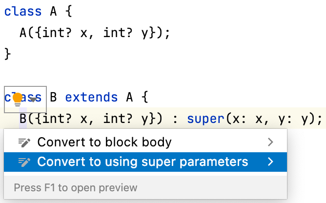IntelliJ IDEA showing the quick assist to convert to using super parameters.