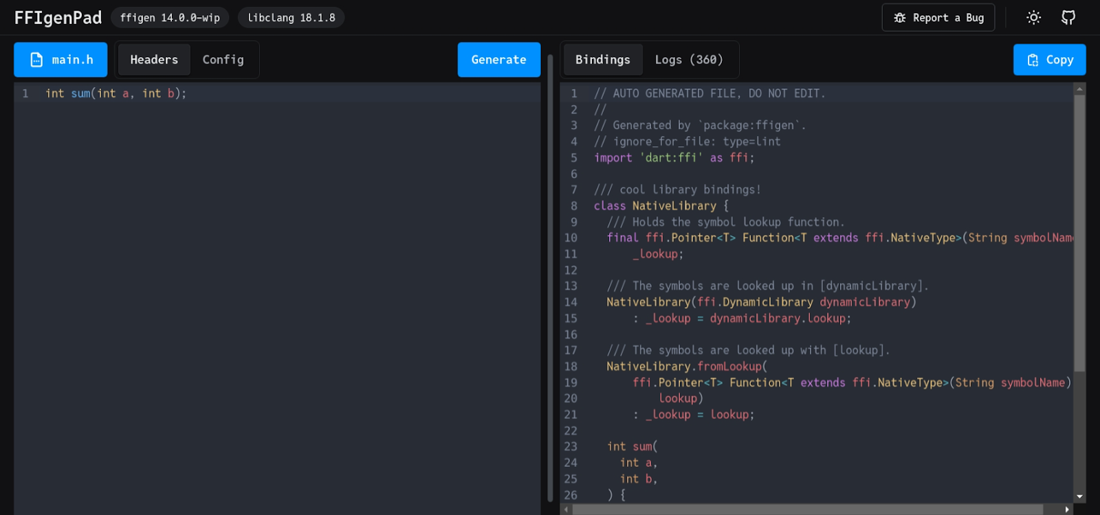 The FFIgenPad web interface showing C code translated into Dart FFI bindings.