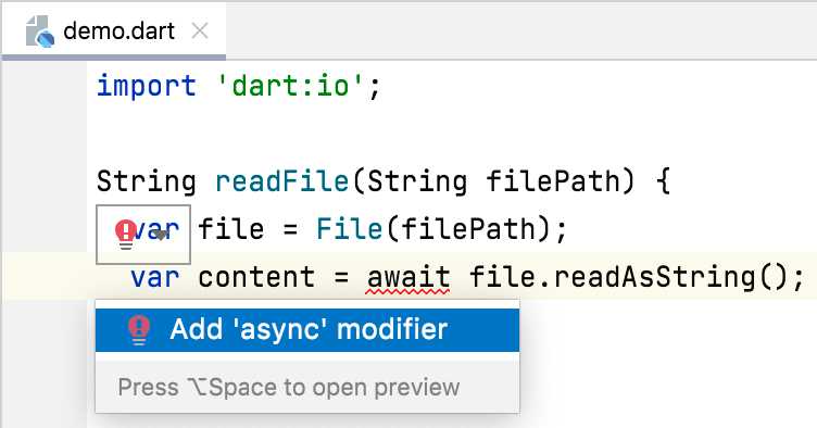 An IDE showing the quick fix menu with 'Add async modifier' highlighted to fix the 'await' error.