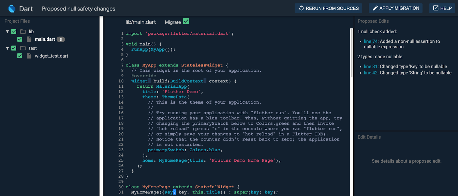 Interactive dart migrate tool showing proposed null safety changes.