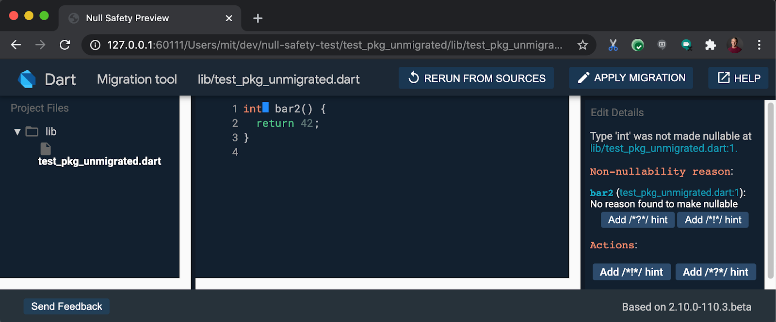 The interactive dart migrate tool interface showing proposed code changes.