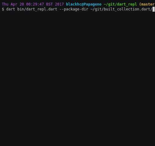 An animated terminal showing the Dart REPL executing code with runtime imports.