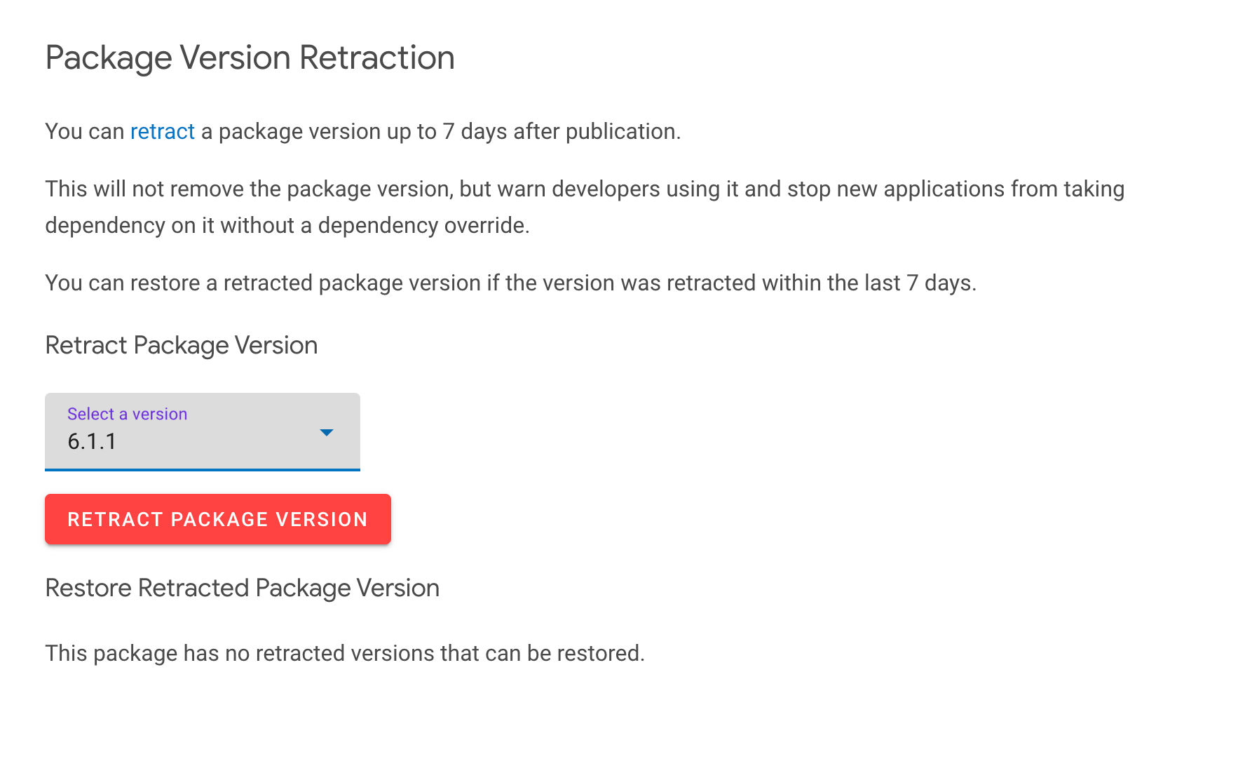 The pub.dev Admin interface showing the option to retract a package version.