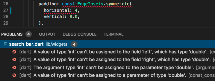 Code showing integer values passed to EdgeInsets.symmetric, with analysis errors because the API expects doubles.
