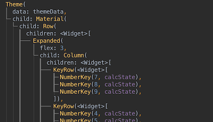 IDE with Flutter UI Guides visualizing the tree structure of UI code.