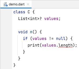 A Dart code snippet showing a compilation error for an unchecked use of a nullable value.