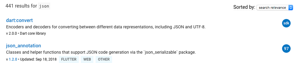 Pub search results for json showing dart:convert above package results and marked with an sdk score badge.
