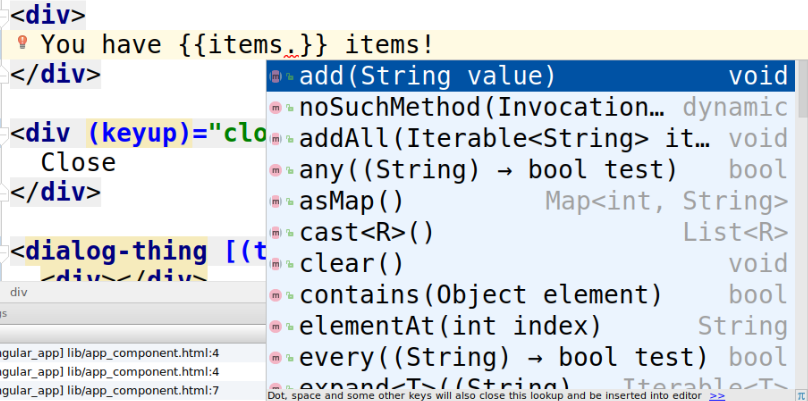 IDE showing code completion for list methods in a template.