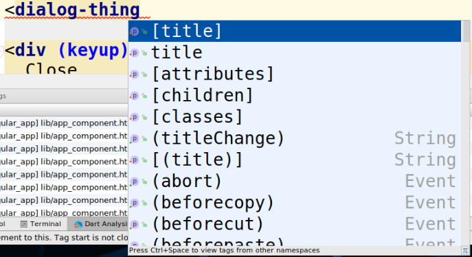 IDE showing code completion for HTML attributes such as title bindings and abort events in a template.