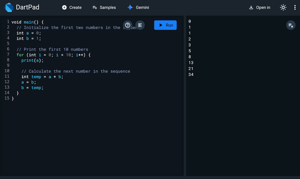 An animation of using Gemini in DartPad to refactor an existing snippet of code.