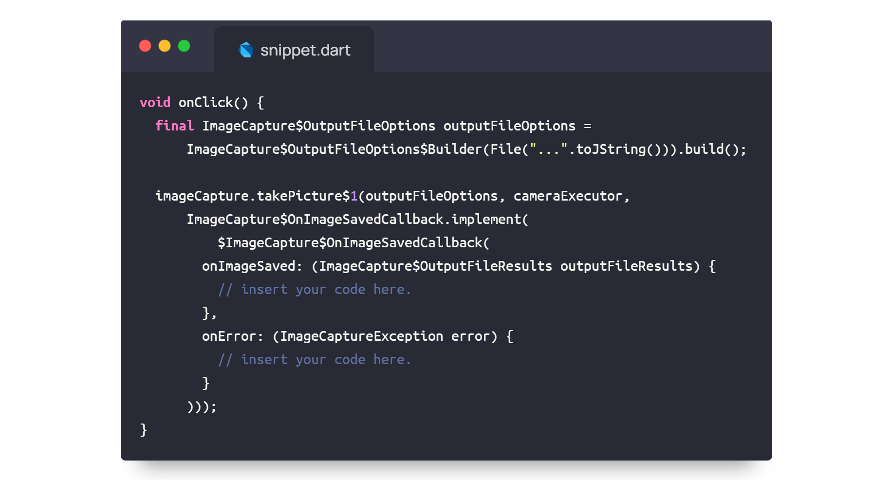Dart code snippet showing the translated Java code.