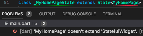 IDE screenshot showing an error because MyHomePage doesn't extend StatefulWidget.