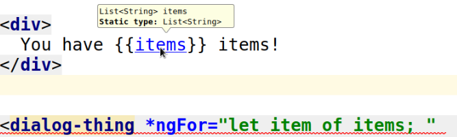 IDE showing an AngularDart HTML template with diagnostics.
