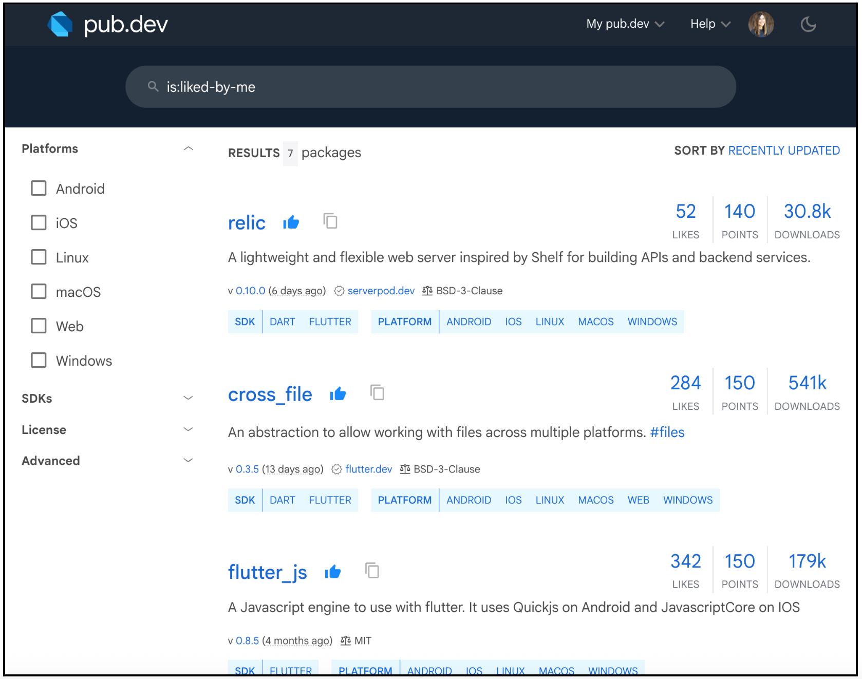 Pub.dev search page filtered to packages you liked.