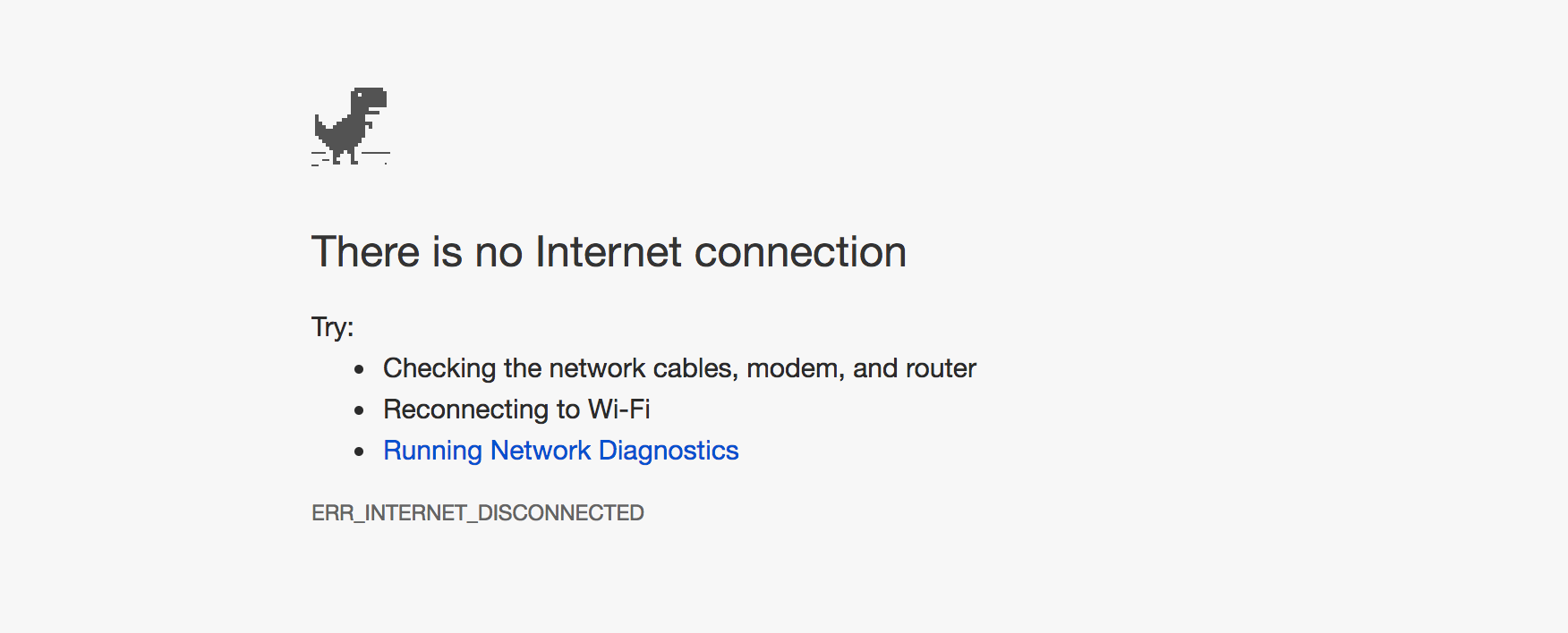 The Chrome offline dinosaur game indicating no internet connection.
