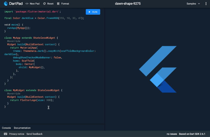 An animation of DartPad's code completion and code assist support.