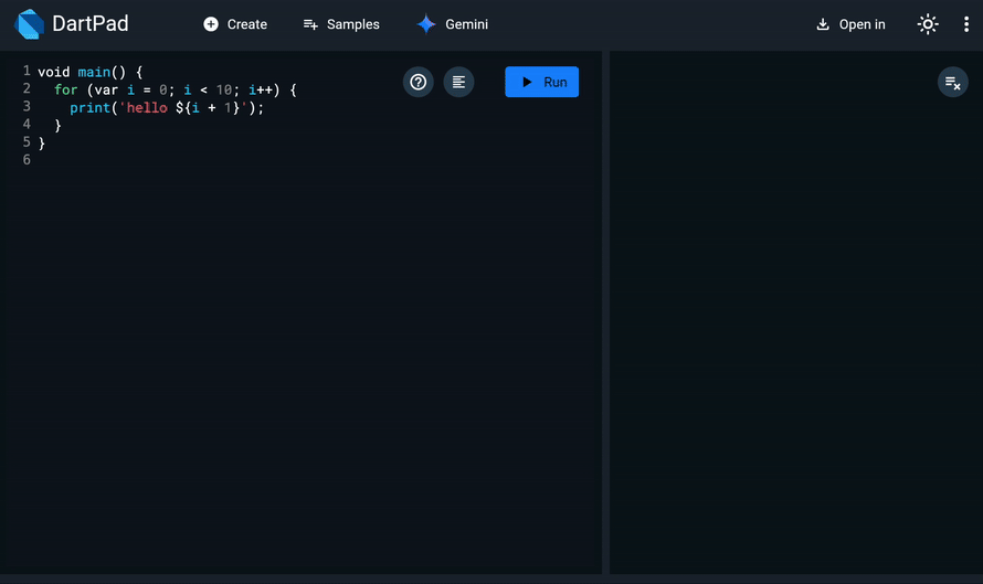 An animation demonstrating Gemini in DartPad creating Dart and Flutter code from a natural language prompt.