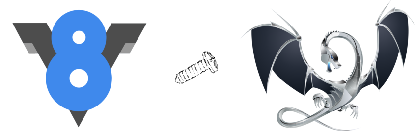 The V8 engine logo next to a metallic screw and a mechanical dragon (LLVM logo).