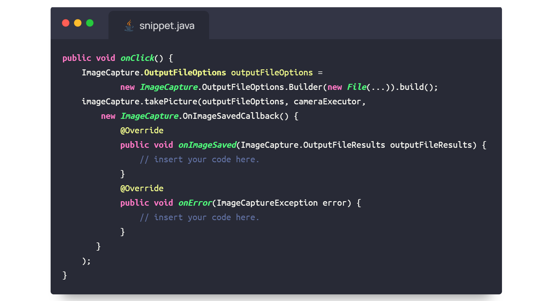 Java snippet calling ImageCapture.takePicture with output file options and saved and error callbacks.