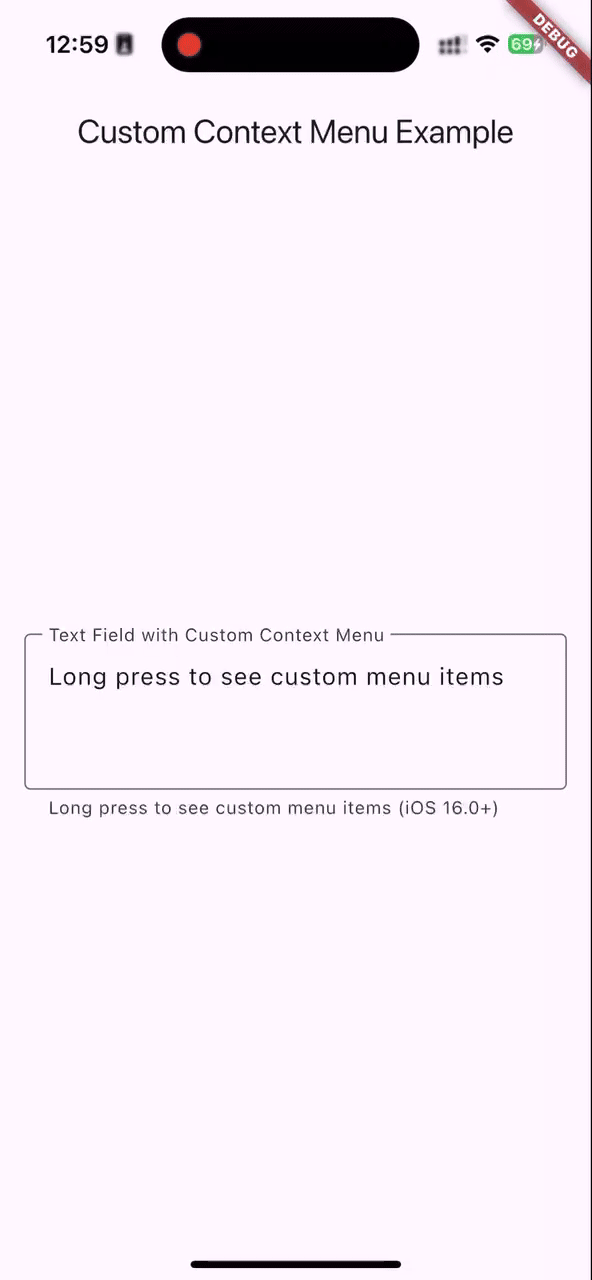 An animation showing a custom iOS context menu in a Flutter app with items like 'Clear Text', 'Add Heart', and 'Uppercase'.