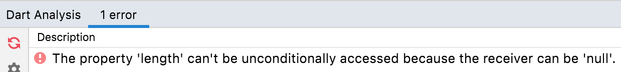 Dart Analysis view in IntelliJ IDEA displaying an unchecked use of nullable value diagnostic message.