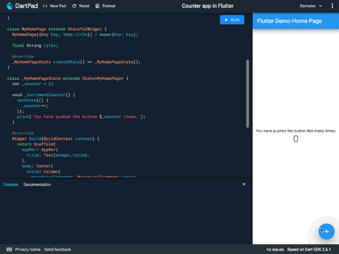 An animation showing documentation for the AppBar widget displayed in DartPad's bottom panel.