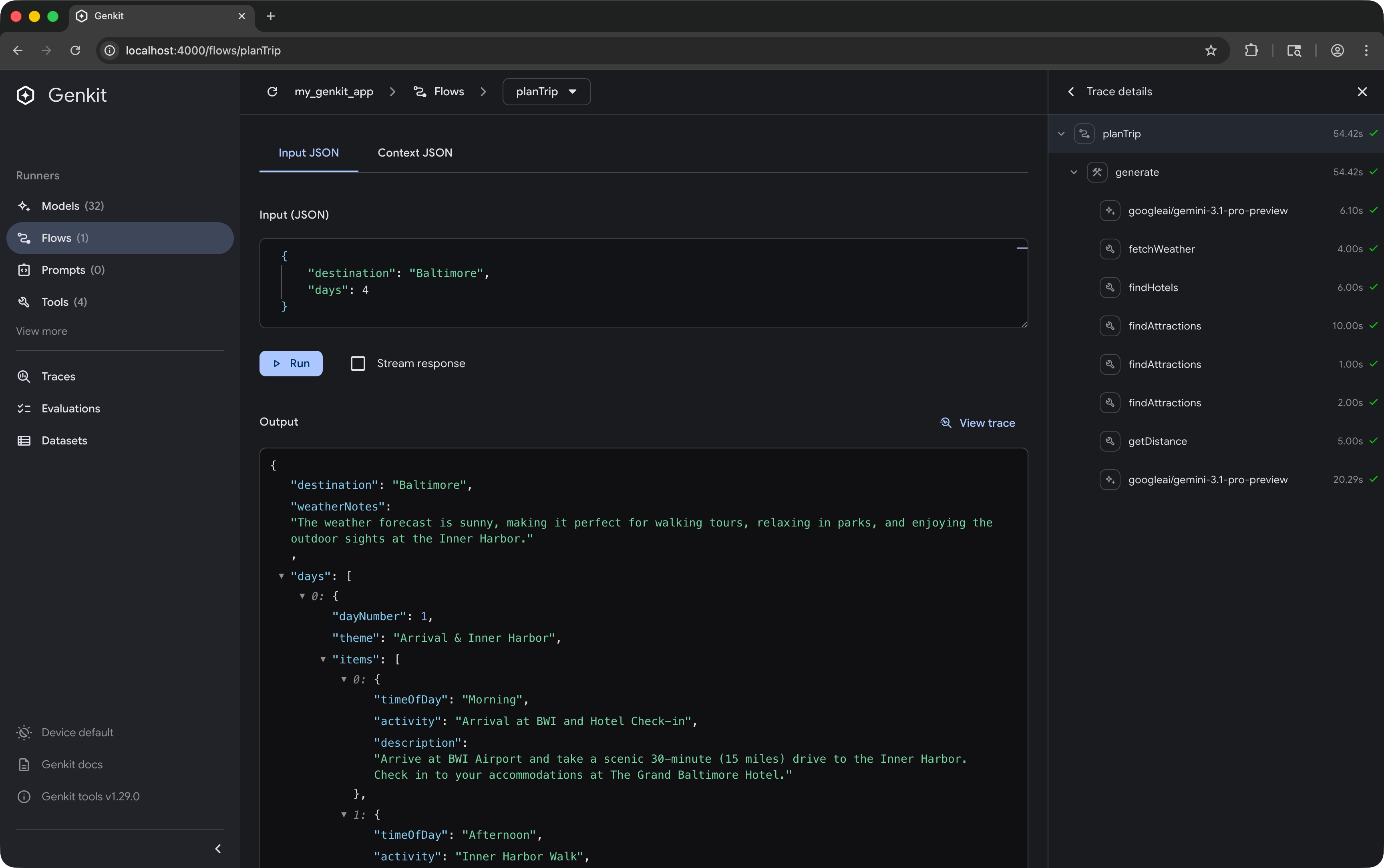 Genkit Developer UI running a flow.