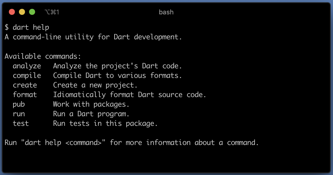 Terminal help output for the Dart 2.10 dart tool.